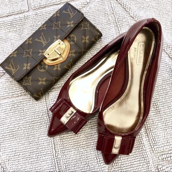 Coach Deep Cherry Red Patent Bow Flats 6 - Picture 1 of 8